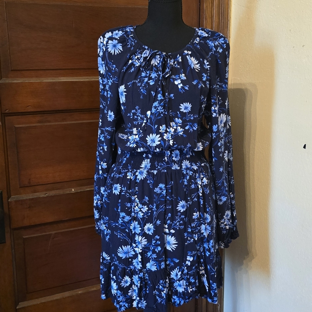 GAP Navy Floral Long-Sleeve Smocked-Waist Dress